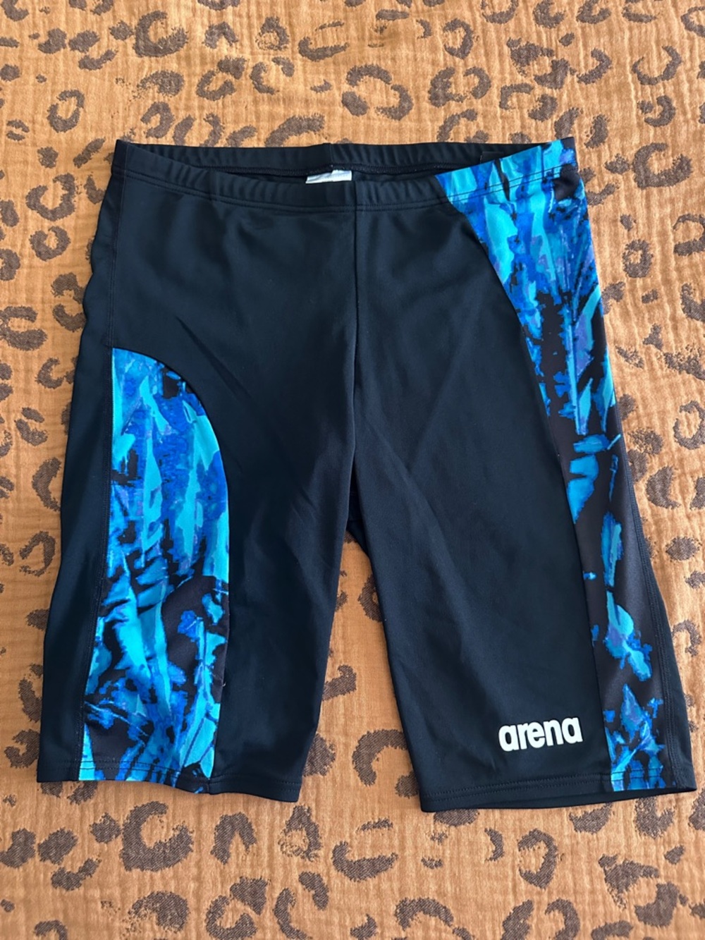 Men's Black Swim Shorts with Blue Print Side Panel